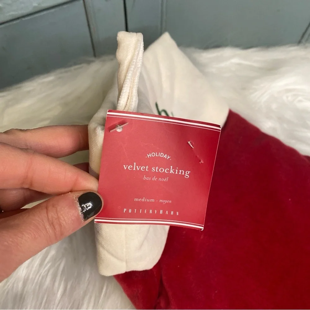 Pottery Barn NWT Red & Ivory Velvet Medium Stocking Embroidered RALPH in Green